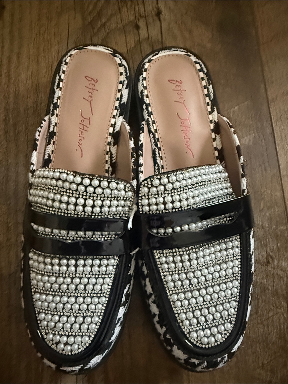 Betsey Johnson Black Pearl & Rhinestone Embellished Slip-On Mules Size 8.5